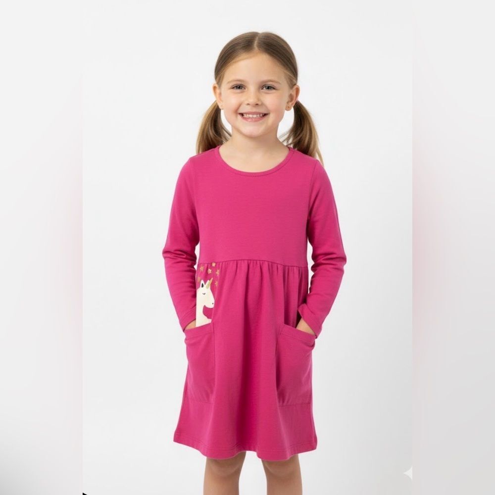 Hanna Andersson Girls Pink Long Sleeve Dress Unicorn Pocket Organic Size 6-7